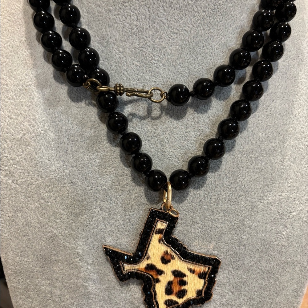 Black Beaded Necklace with Leopard Texas Pendant with crystal accents!